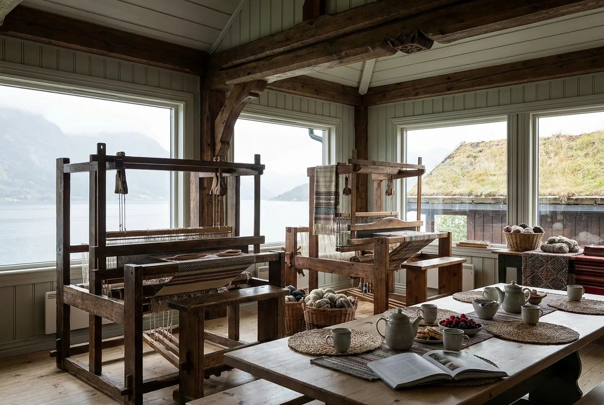 A wool-wrap rest area at Stolio Hotels, atelier blankets folded beside the stove after the sauna