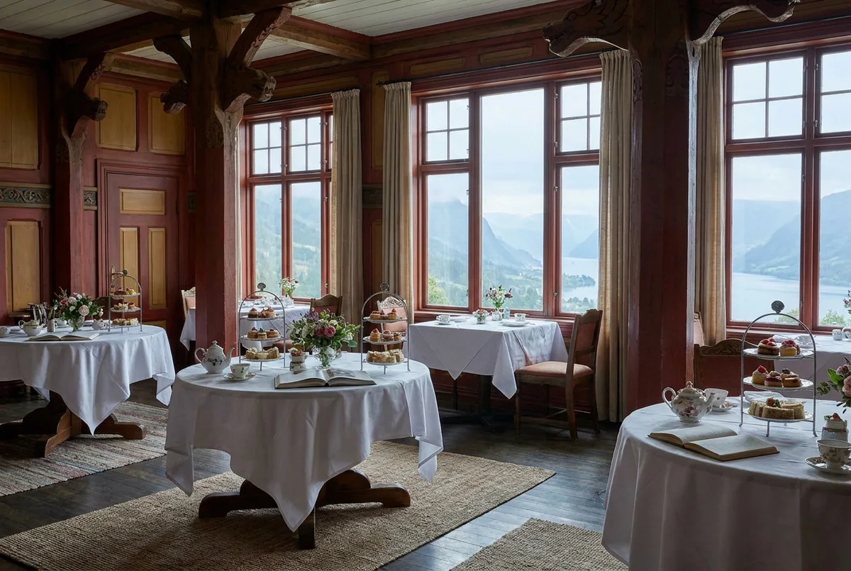 The tea salon at Stolio Hotels, cherrywood tables laid for the afternoon under painted pine