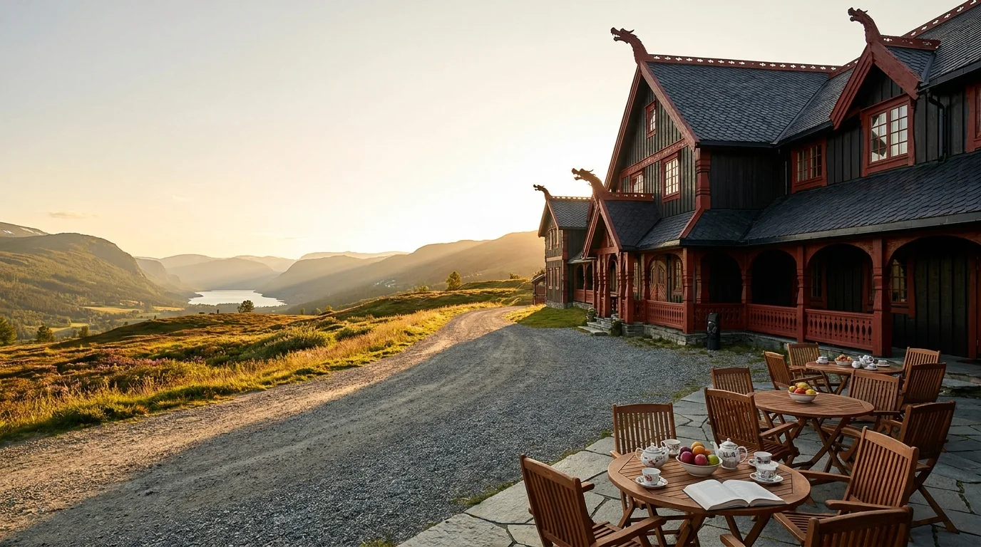 The dragon-timber house of Stolio Hotels standing above the Valdres pastures, carved gables against a pale evening sky