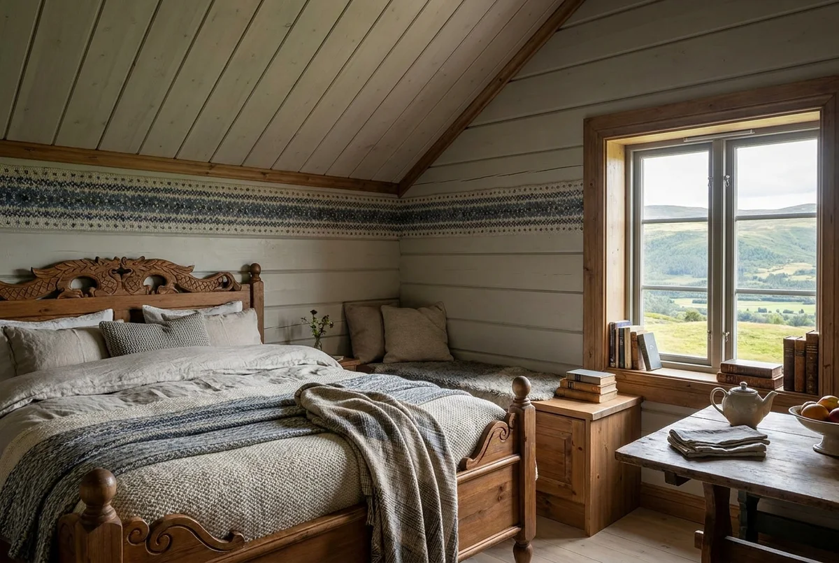 The Lusekofte Loft, a high painted-pine room banded in the speckled knitting motif with a reading bench in the eave