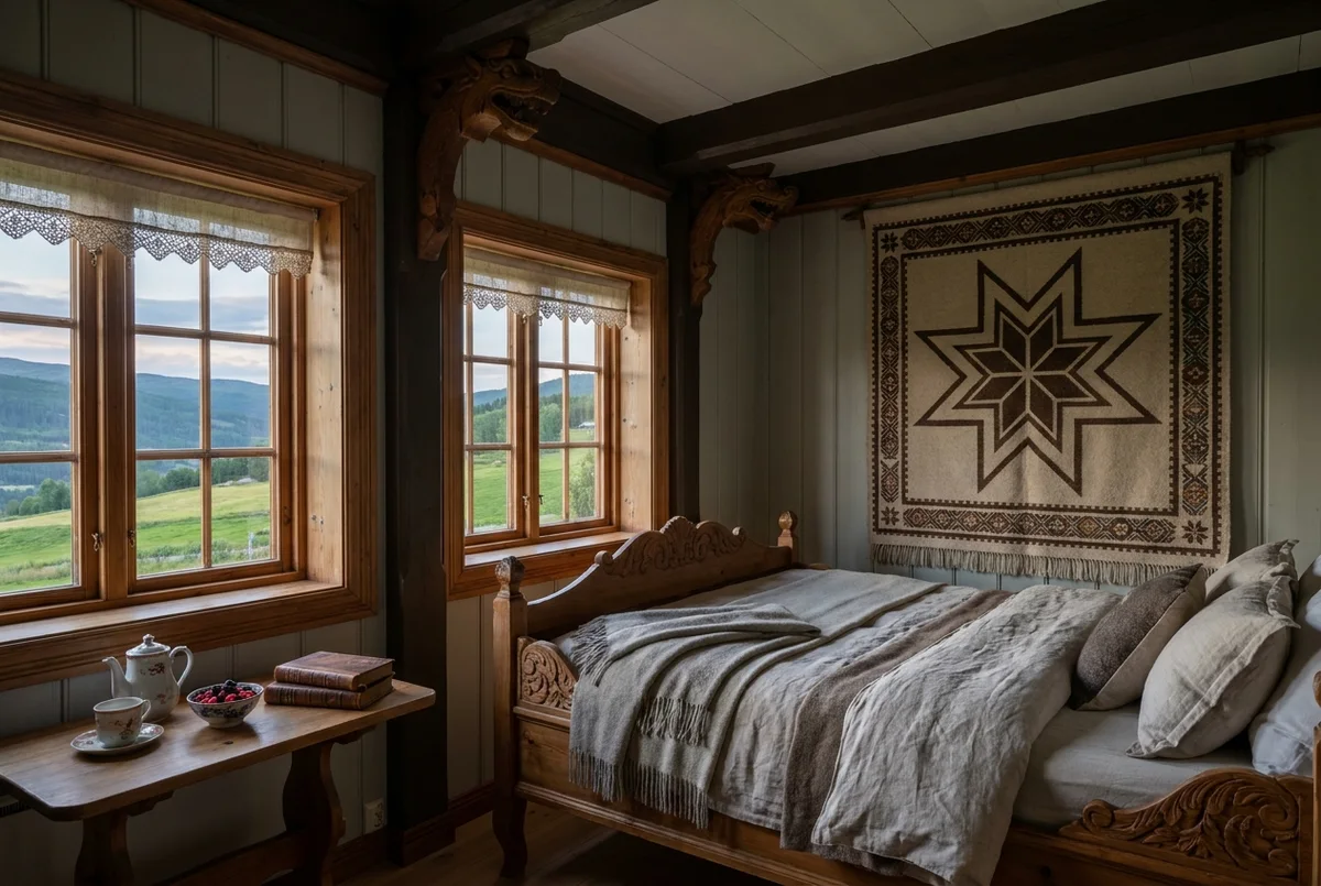 The Selburose Suite, a corner room with a woven eight-point coverlet and two windows over the pasture