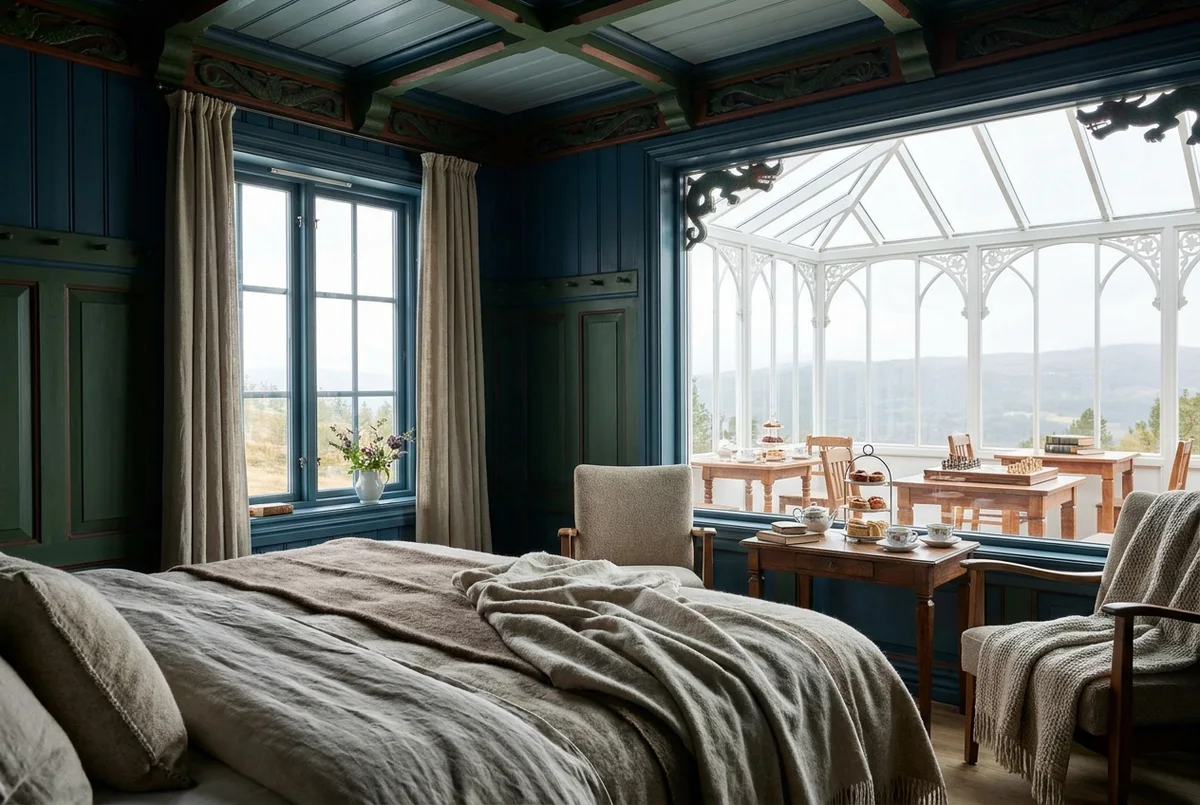 The Winter Garden, a glazed pavilion of white-painted iron and cherrywood tables under the pasture sky