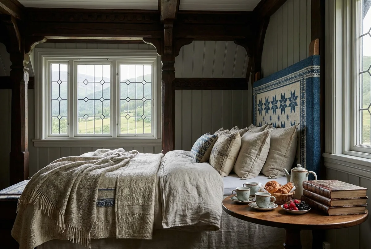 The Vossakofte Room at ground level beside the weaving atelier, its bedhead a woven coastal-star panel