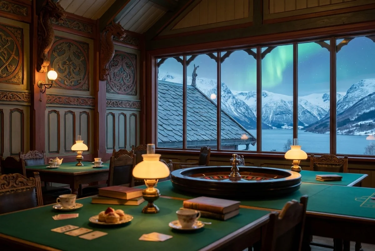 The Winter Garden gaming pavilion, white-painted iron and cherrywood tables under a glazed roof at dusk
